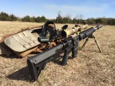 An Eberlestock bag of goodies used during the 15TBN evaluation. As you can see, the bipod and optic are normally mounted on a less black AR. 