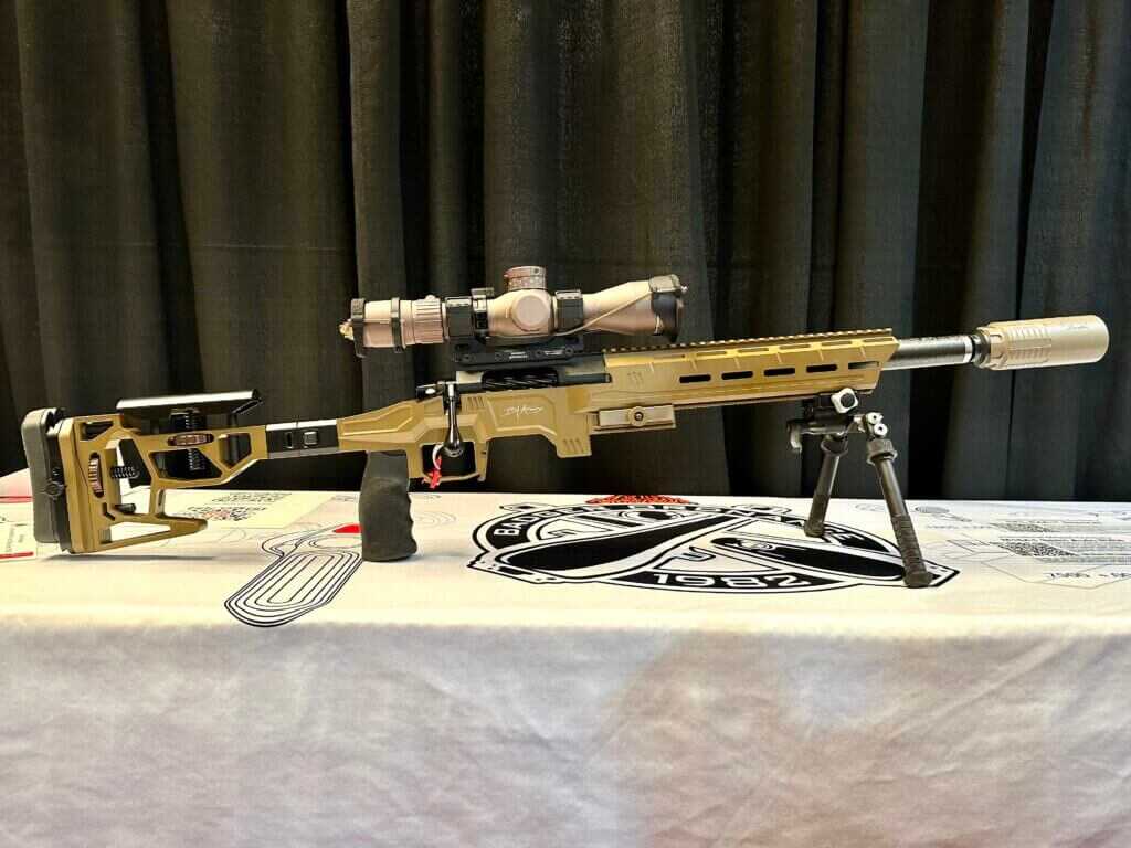 The rifle is fully assembled and looks just like any other full-sized sniper systems.