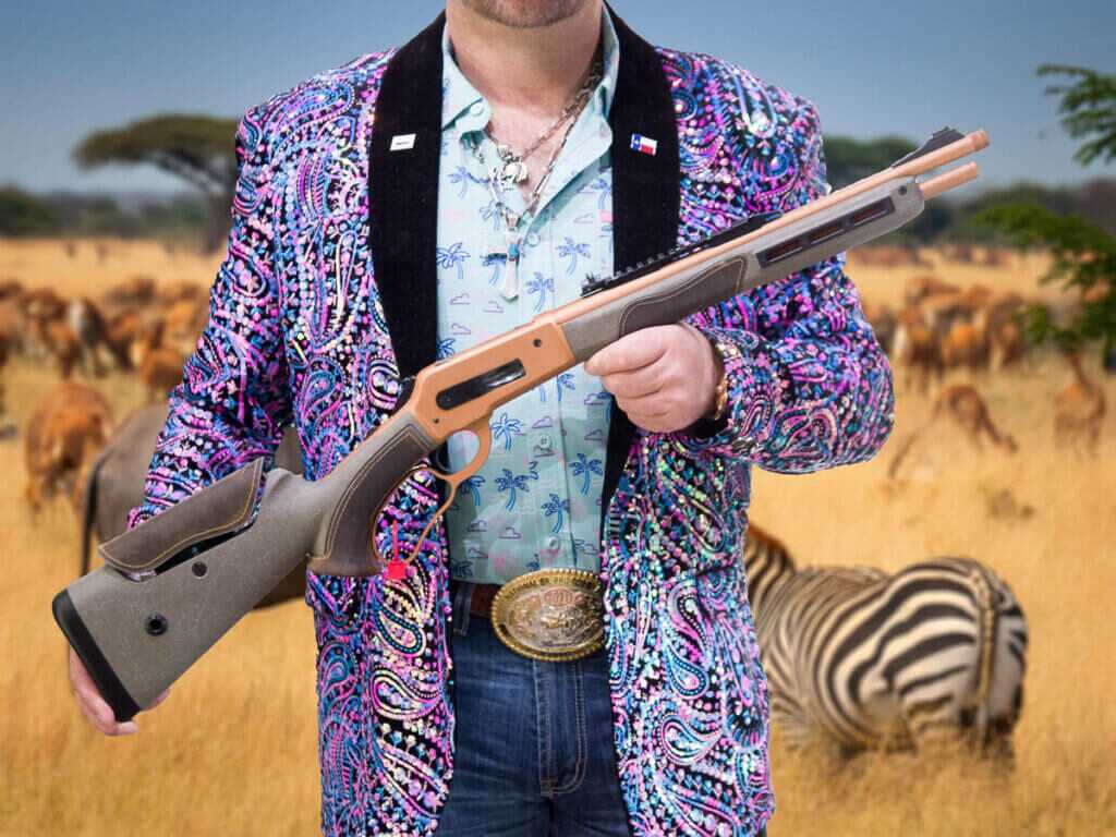 The gun held by a cowboy with a sequin jacket and an AI-generated image of the Serengeti in the background.