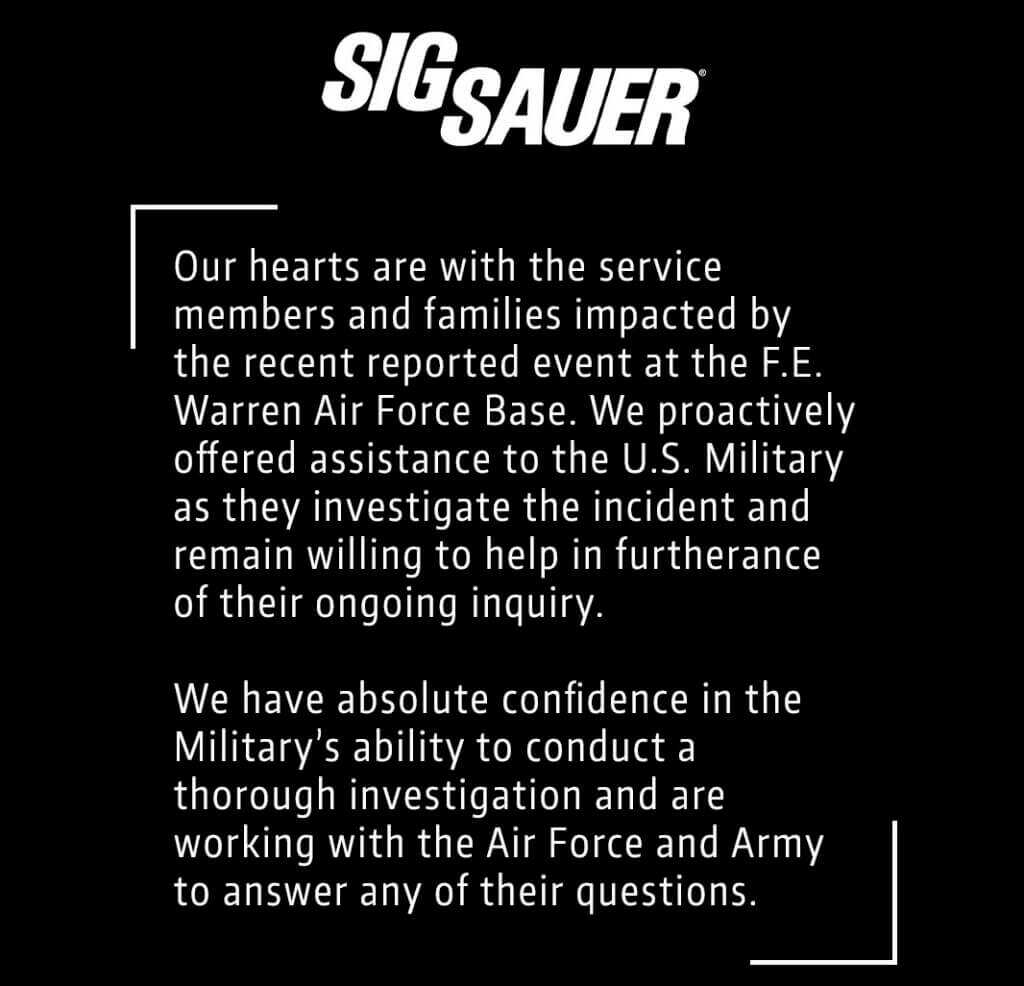 SIG Sauer statement on the Air Force base incident. 