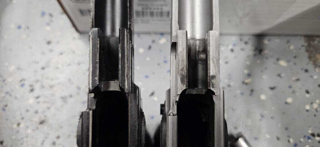 Standard Wilson Nowlin frame cut next to Bersa M2XI frame cut highlighting ramp geometry differences