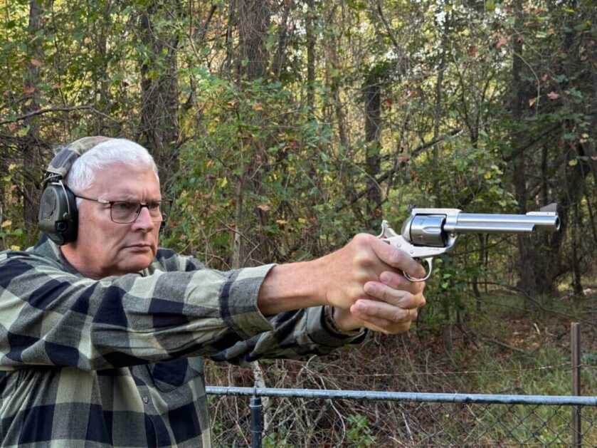 Author shooting Ruger Blackhawk Taffin tribute on the range