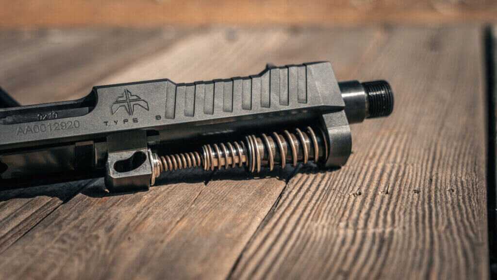 Steel front sight with red fiber optic on the Archon Type B Gen 2 9mm pistol.