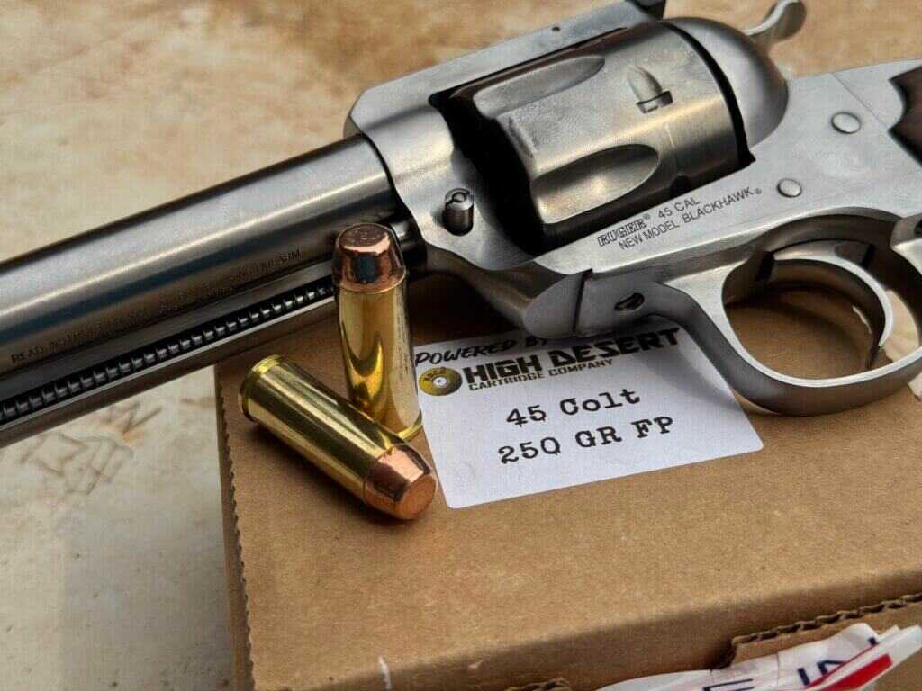 Ruger Blackhawk with High Desert Cartridge .45 Colt ammunition on range table