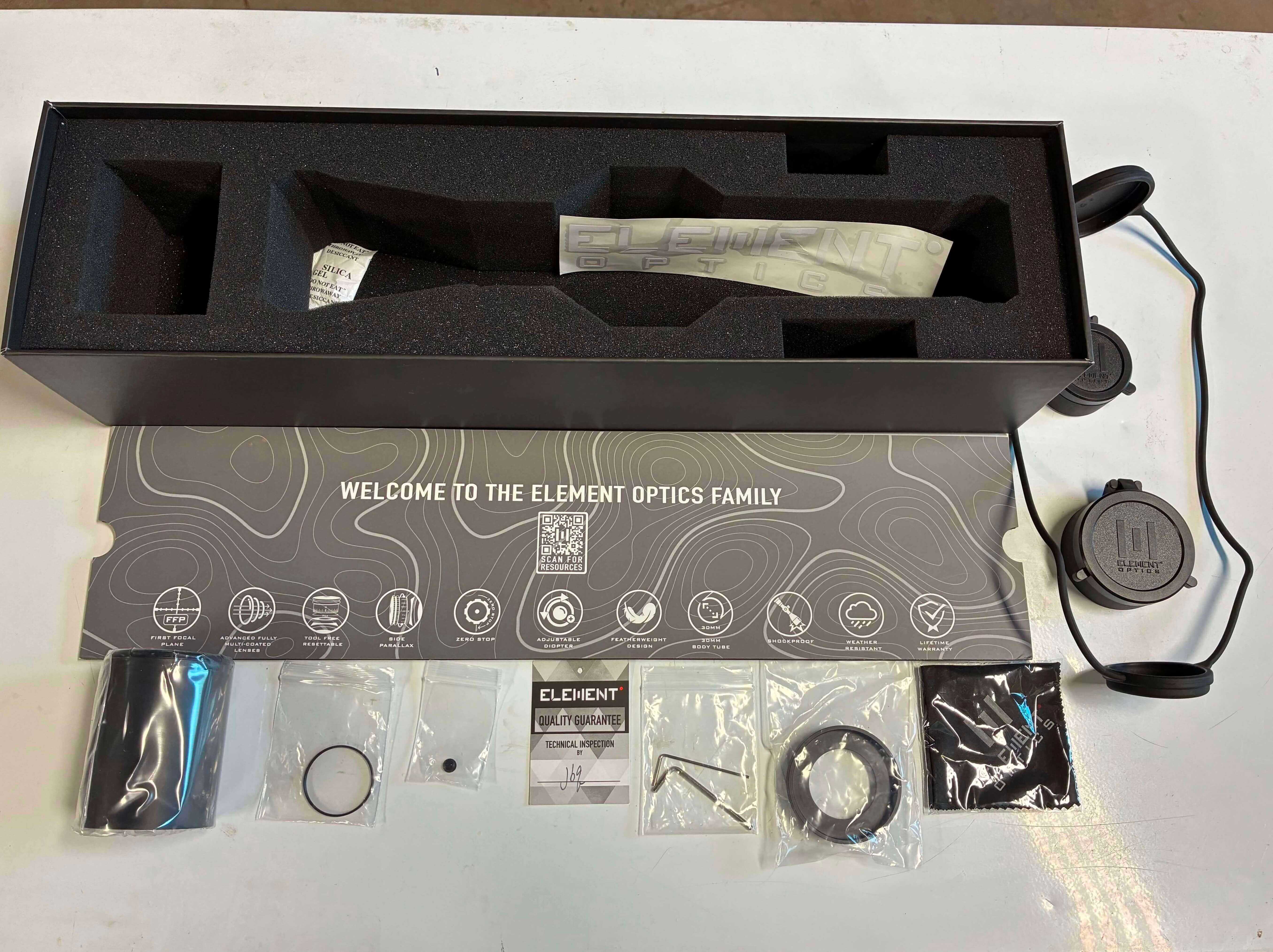 Element Optics Helix Gen 2 packaging with foam cutouts and included accessories