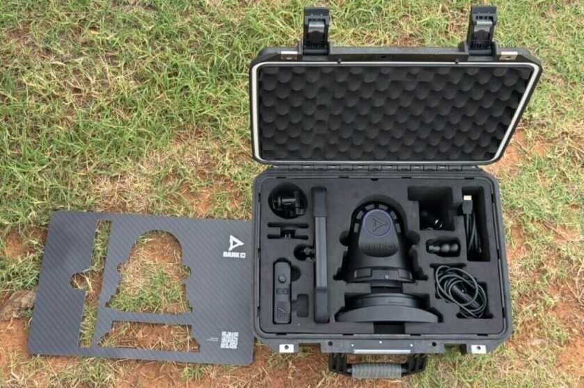 Dark 30 Defiance PTZ kit in hard case with foam cutouts showing mounts remote and cables