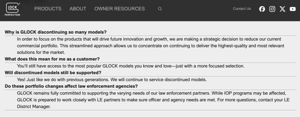 Glock answers questions on why it's discontinuing so many models.