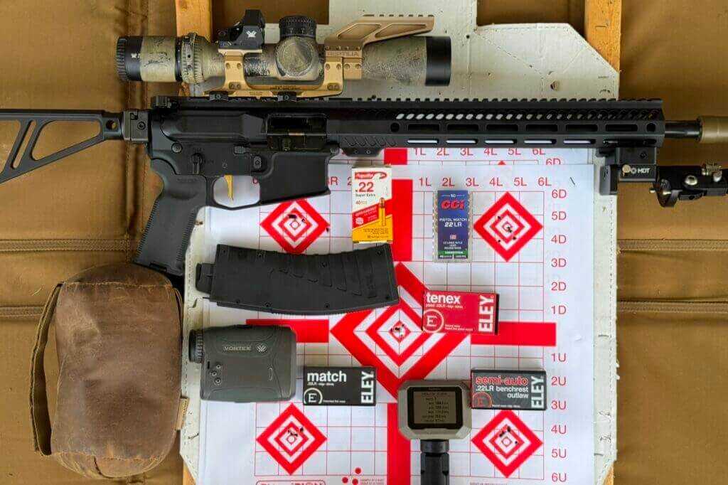 Five-round groups from BoreBuddy AR22 Apogee at 48 yards