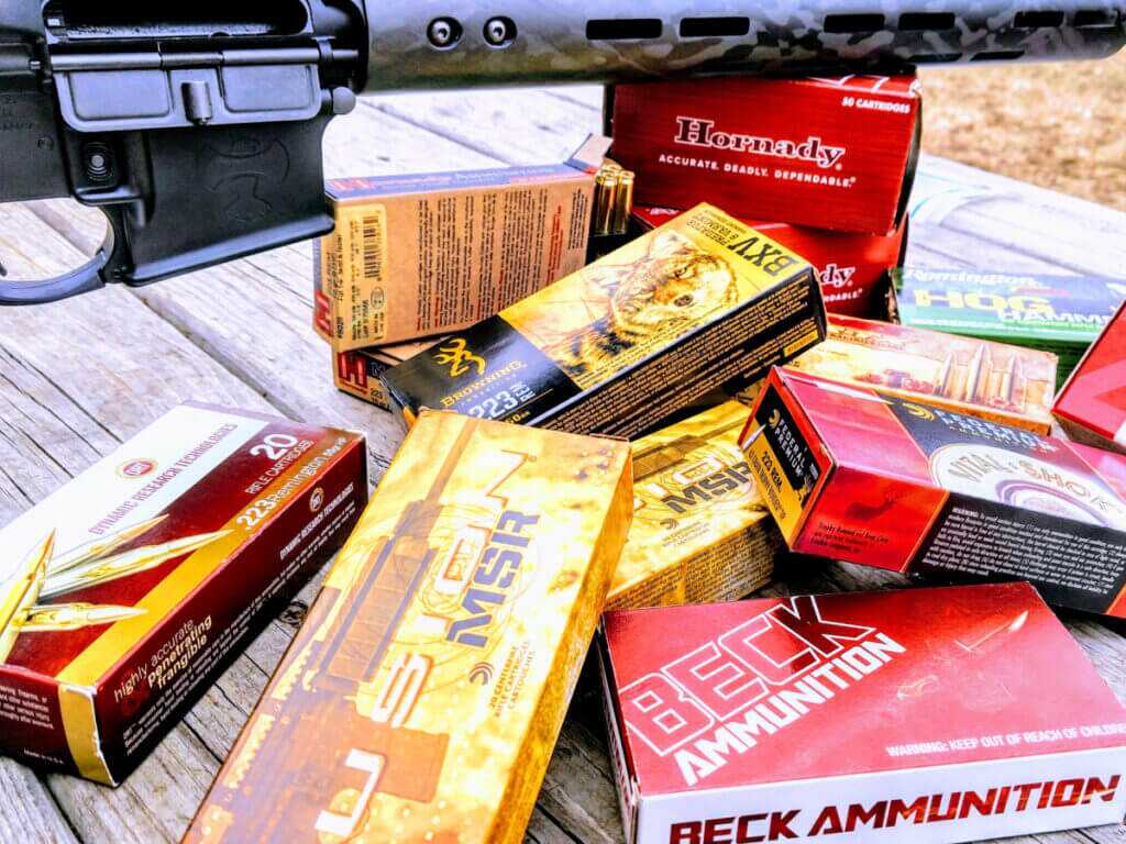 .223 Remington ammo boxes stacked for AR-15 training and varmint use