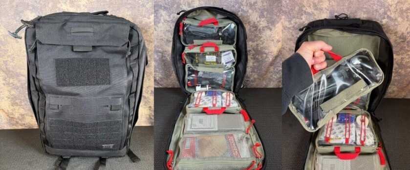 5.11 UCR medical backpack showing clamshell layout and transparent grab-and-go pouches