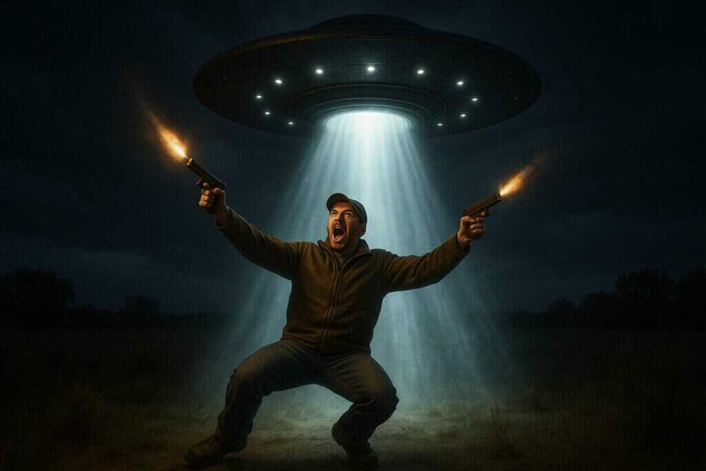Man being abducted by a UFO, suspended in a tractor beam while yelling and shooting two pistols upward at the hovering saucer.