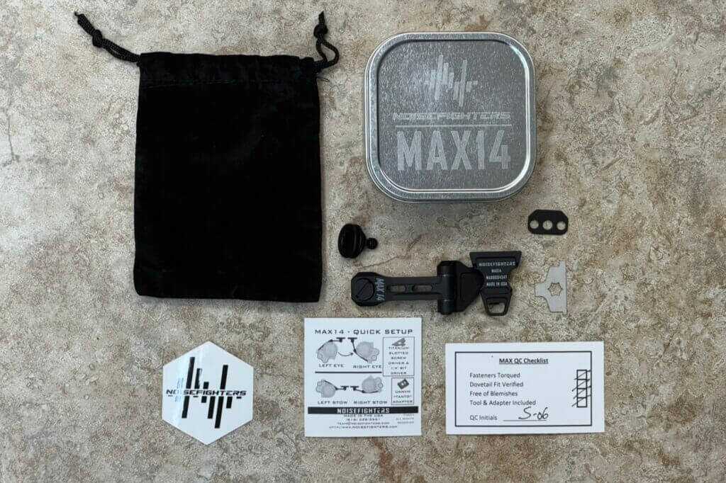 Noisefighters MAX14 contents including Tanto adaptor, oversized screw, and sticker