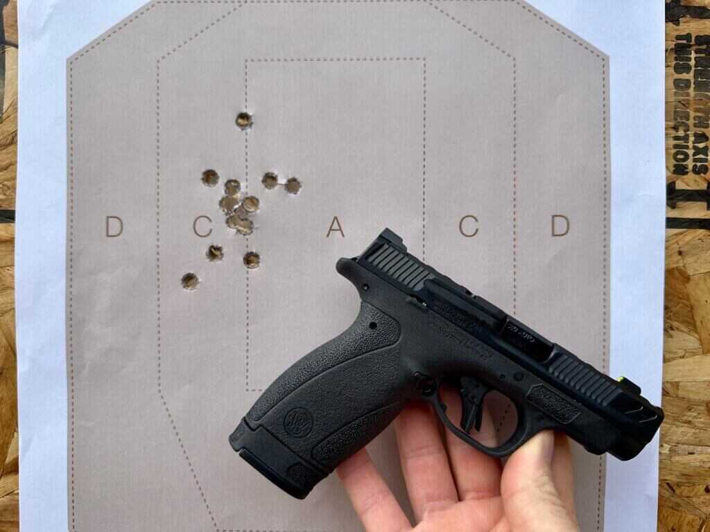 Target at 10 yards with group left of point of aim from S&W Bodyguard 2.0 Carry Comp .380 ACP