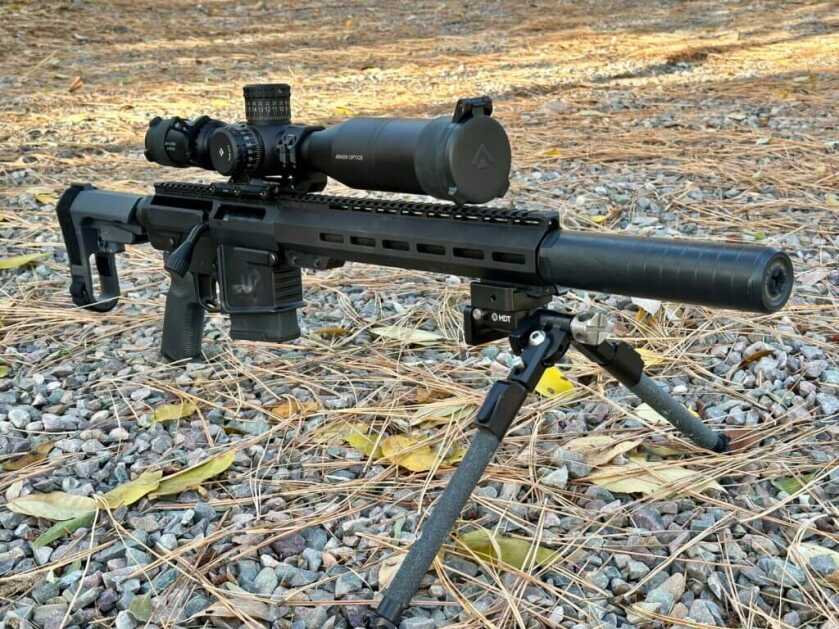 Uintah Precision UP-10 in 8.6 Blackout with DTF/STI suppressor mounted, set on bipod in gravel