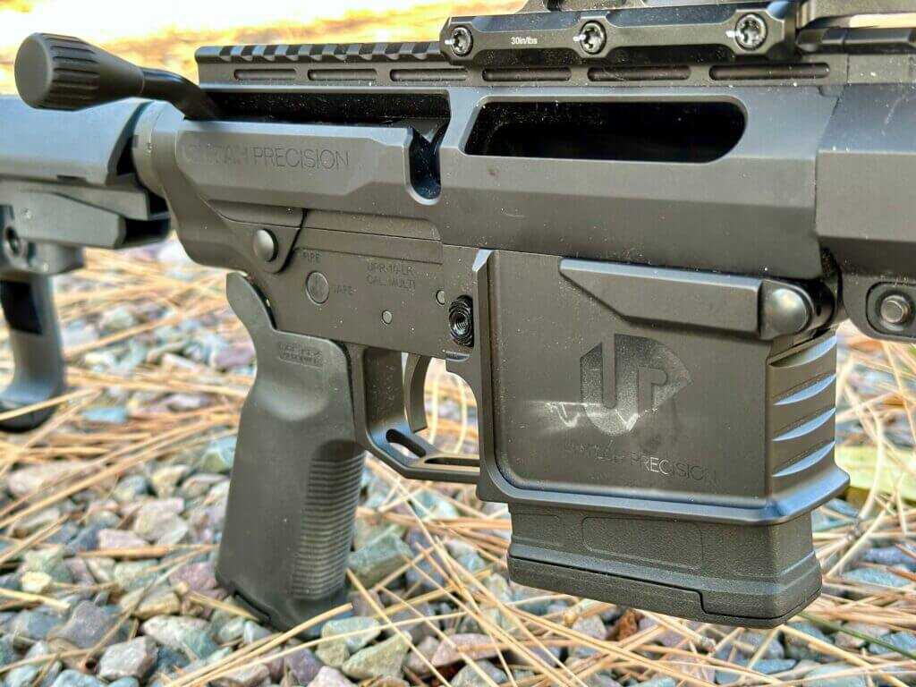 Close view of UP-10 bolt action upper and LR-308 pattern lower receiver fit.