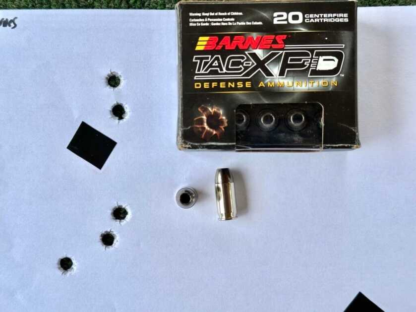 Barnes 80gr Tac-XPD target group at 10 yards from the S&W Bodyguard 2.0 Carry Comp