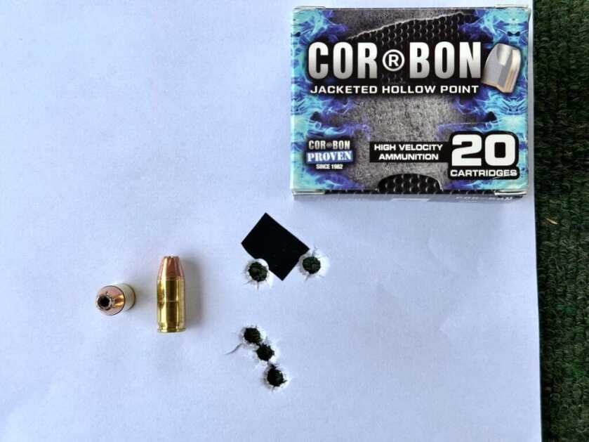 Target with tight 1.471 inch 5 shot group from Cor-Bon 90gr JHP at 10 yards using S&W Bodyguard 2.0 Carry Comp