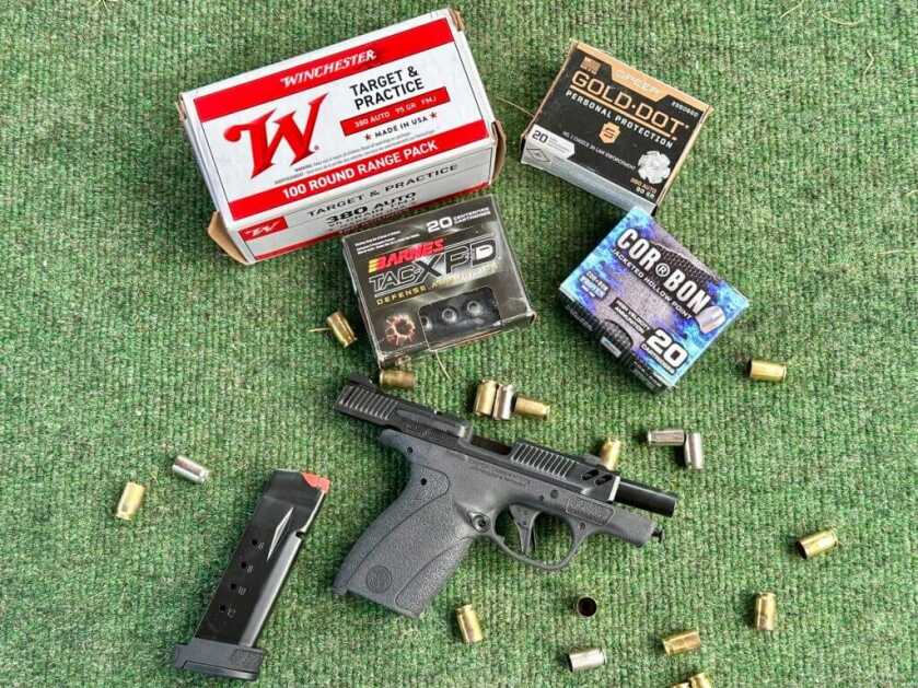 S&W Bodyguard 2.0 Carry Comp with .380 ACP defensive ammo boxes and spent brass for accuracy test