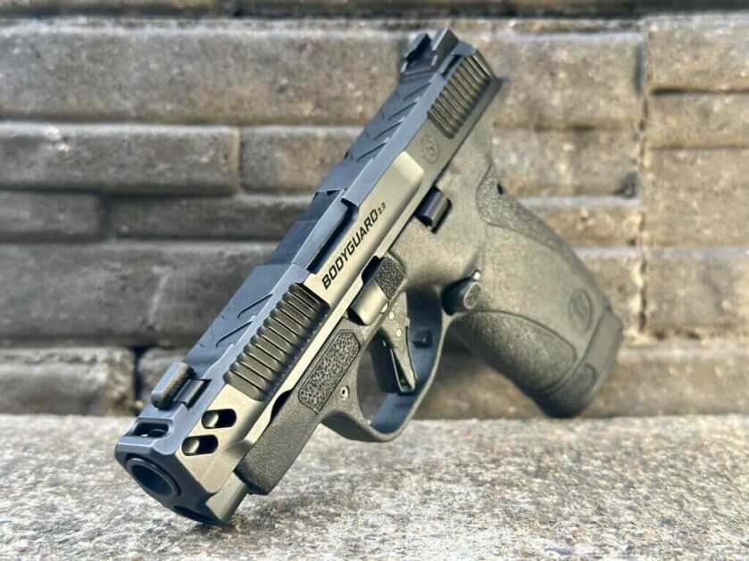 S&W Bodyguard 2.0 Carry Comp slide showing extended nose and barrel port cut between front sight and muzzle