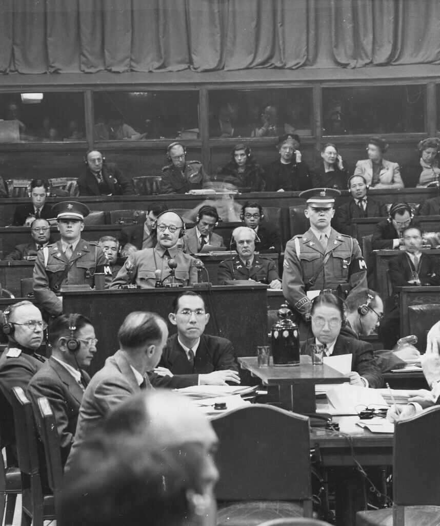Tokyo war crimes trials court scene with accused leaders