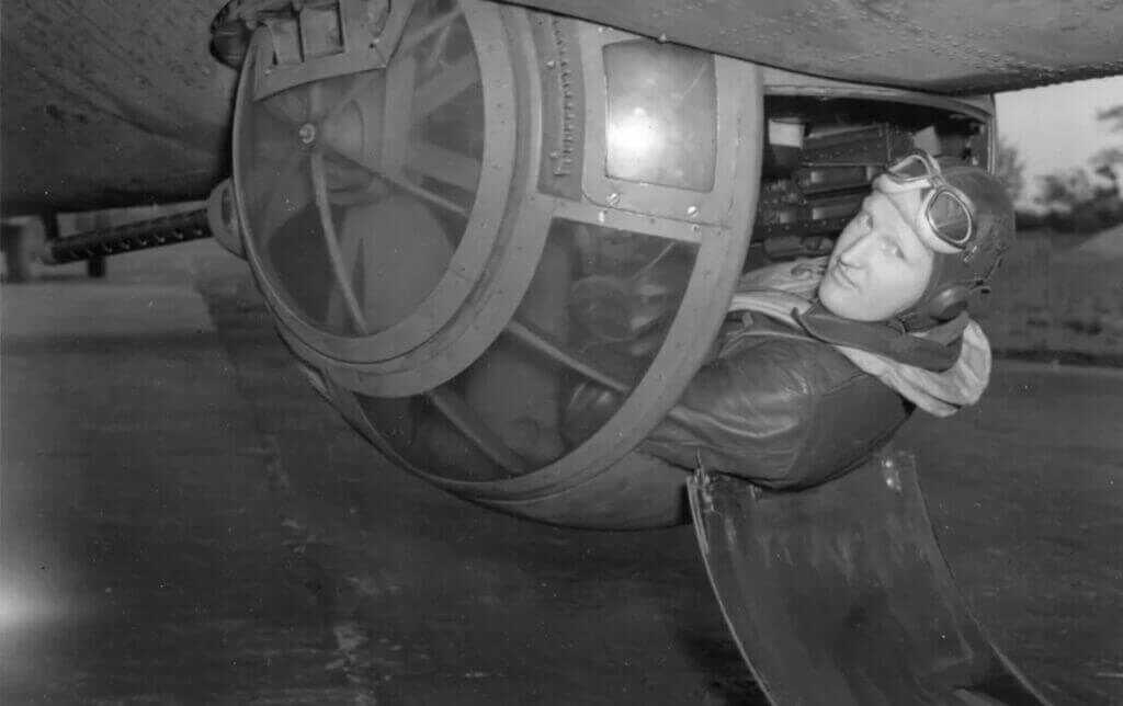 B-17 ball turret position; ball turret gunner’s exposed seat under the bomber