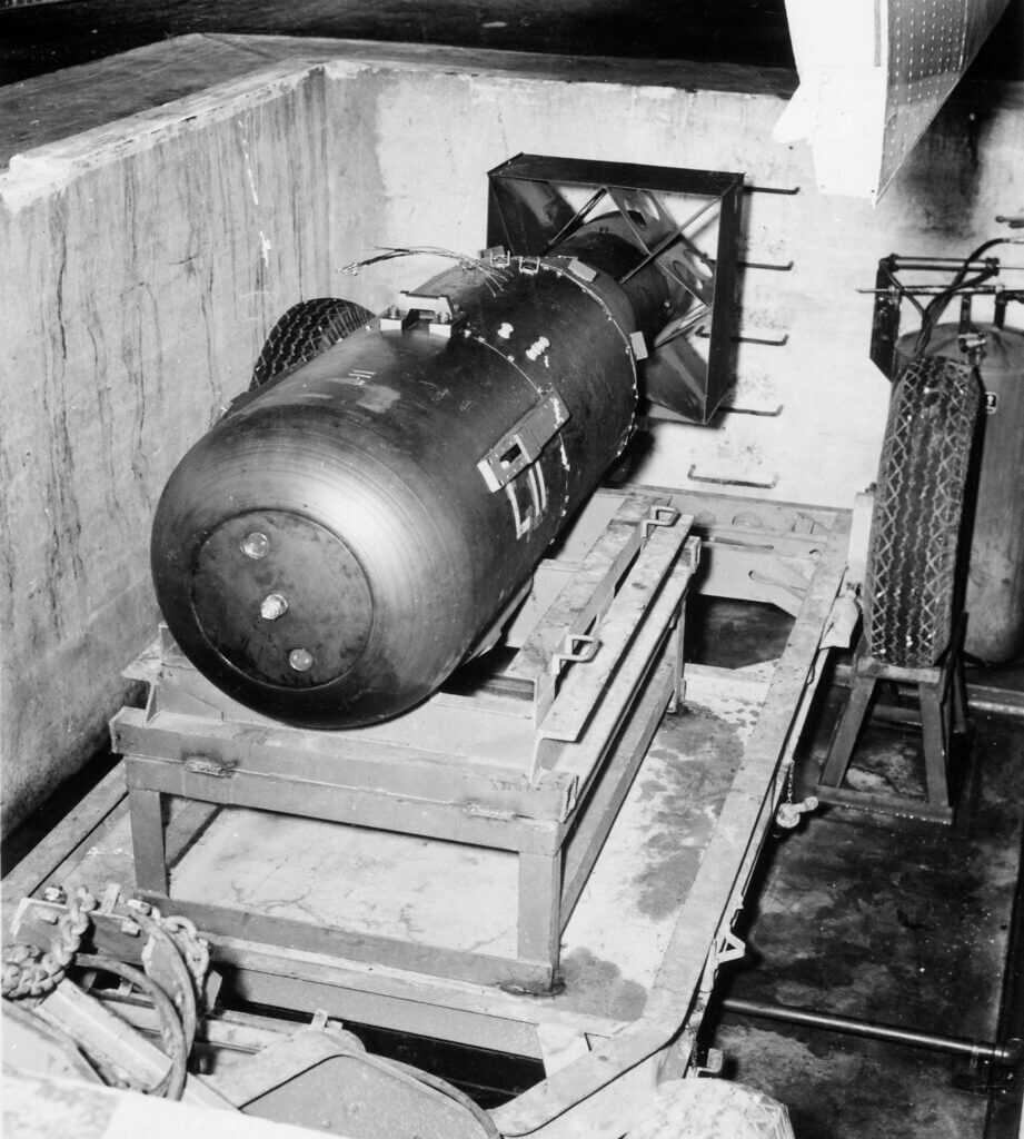 Little Boy uranium gun-type bomb prepared for loading into B-29 Enola Gay before Hiroshima mission