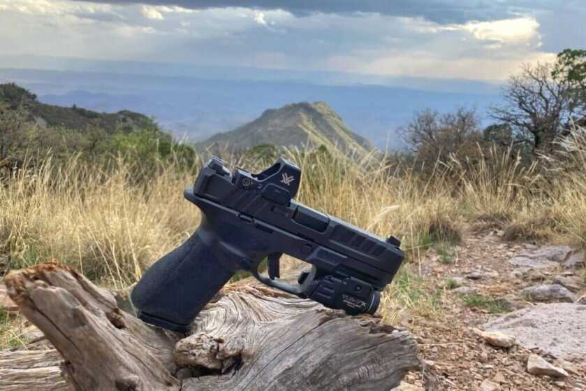 Echelon 4.0C compact 9mm resting on desert log with mountains in background