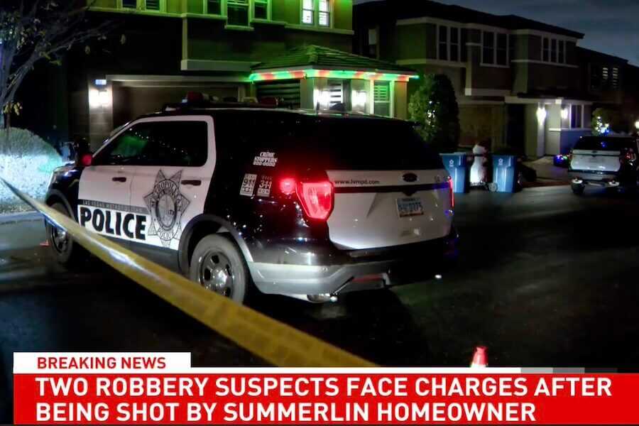 Vegas robbery suspects were shot in a garage by the homeowner.