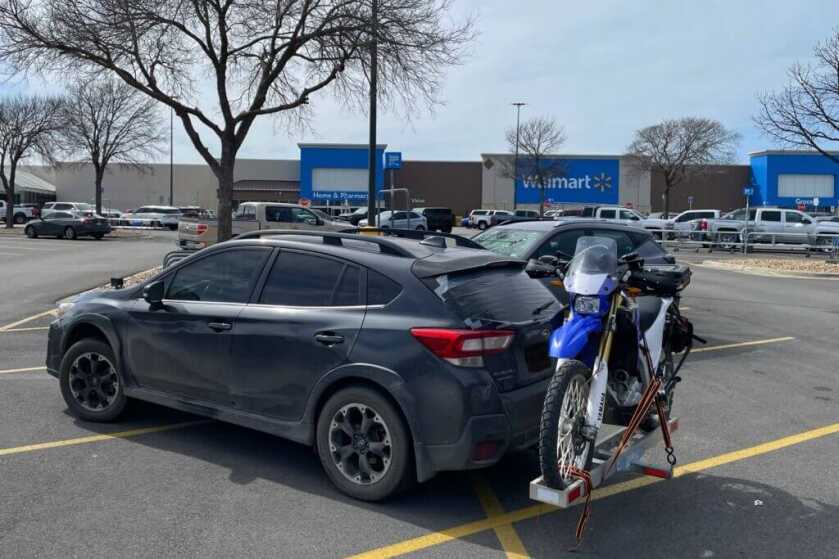 Yamaha WR250R adventure bike at Walmart before Texas Hill Country route