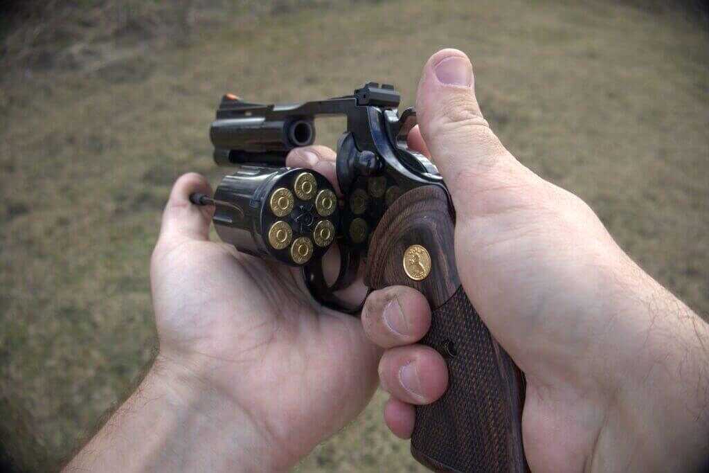 loaded cylinder on the blued Colt Python 3-inch revolver