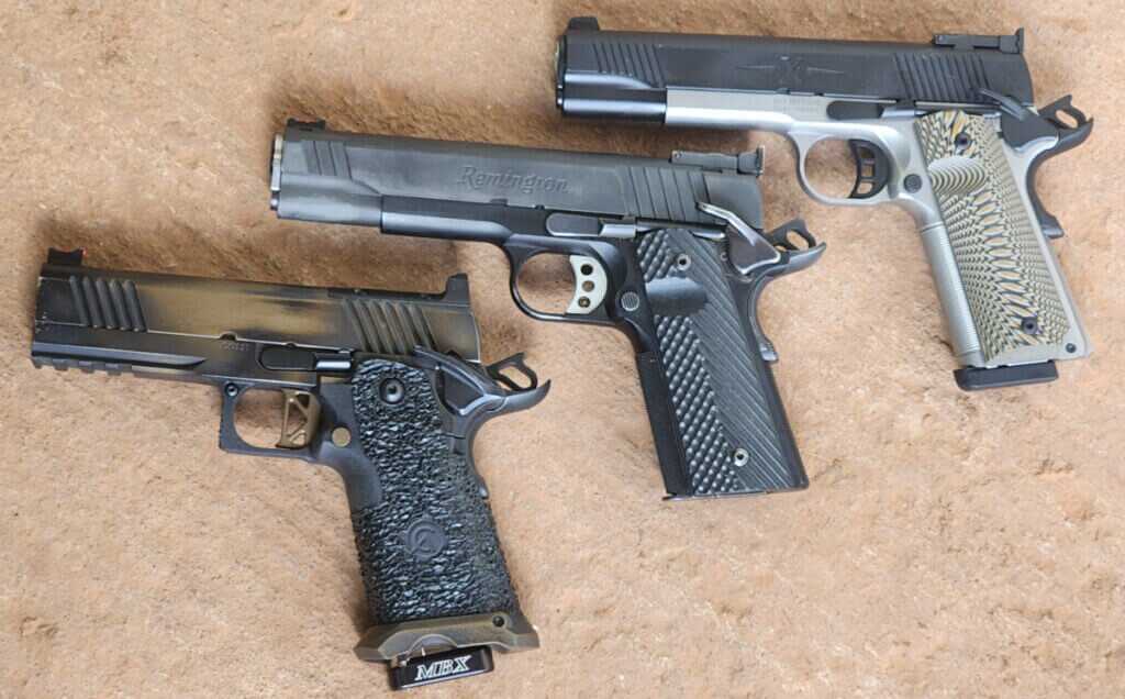 1911 platform handguns showing grip angle and magazine well