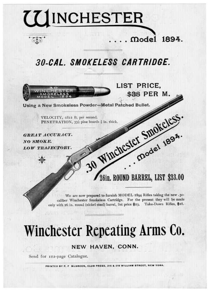 Vintage Winchester Model 1894 advertisement highlighting .30 30 smokeless