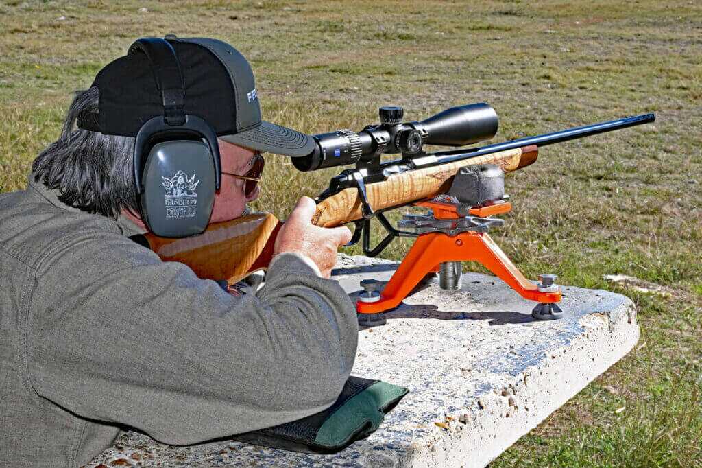 Author test firing Browning X-Bolt 2 Medallion Maple at the range during accuracy testing