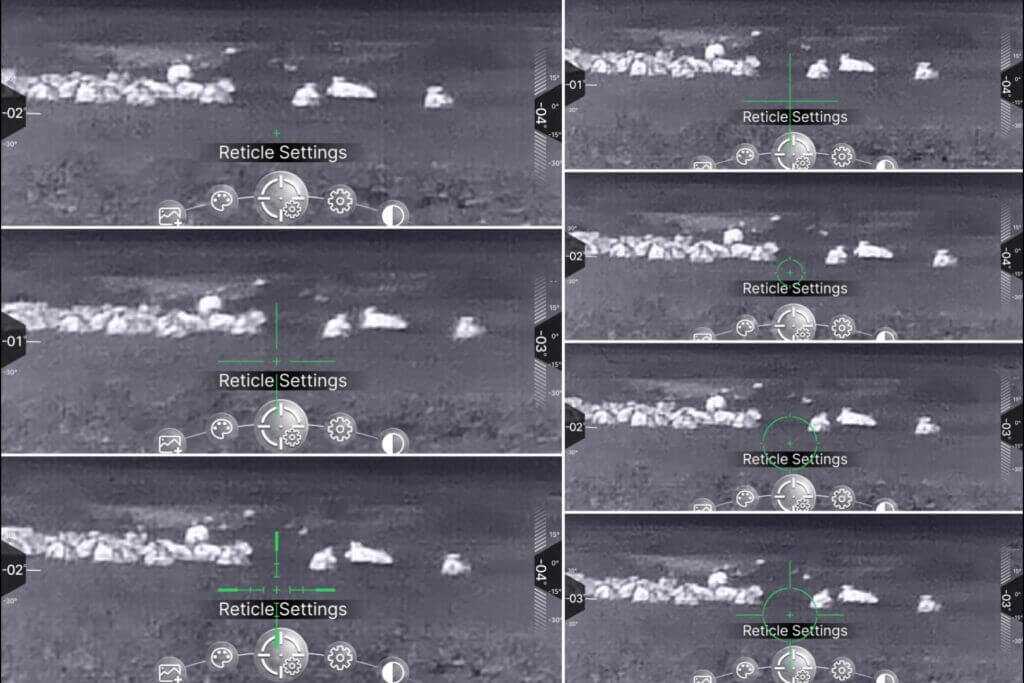 IOL25 multiple reticle choices overlaying cattle at 230 yards for comparison