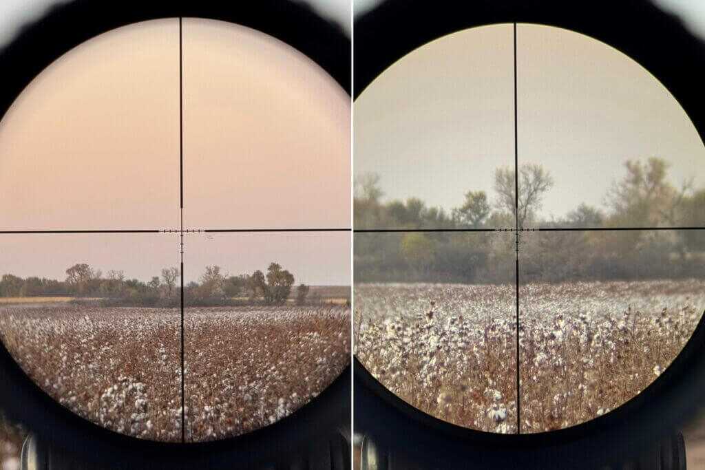 Comparison through Vortex Triumph HD at 3x and 9x showing distant trees around 1000 yards and reduced clarity at max magnification