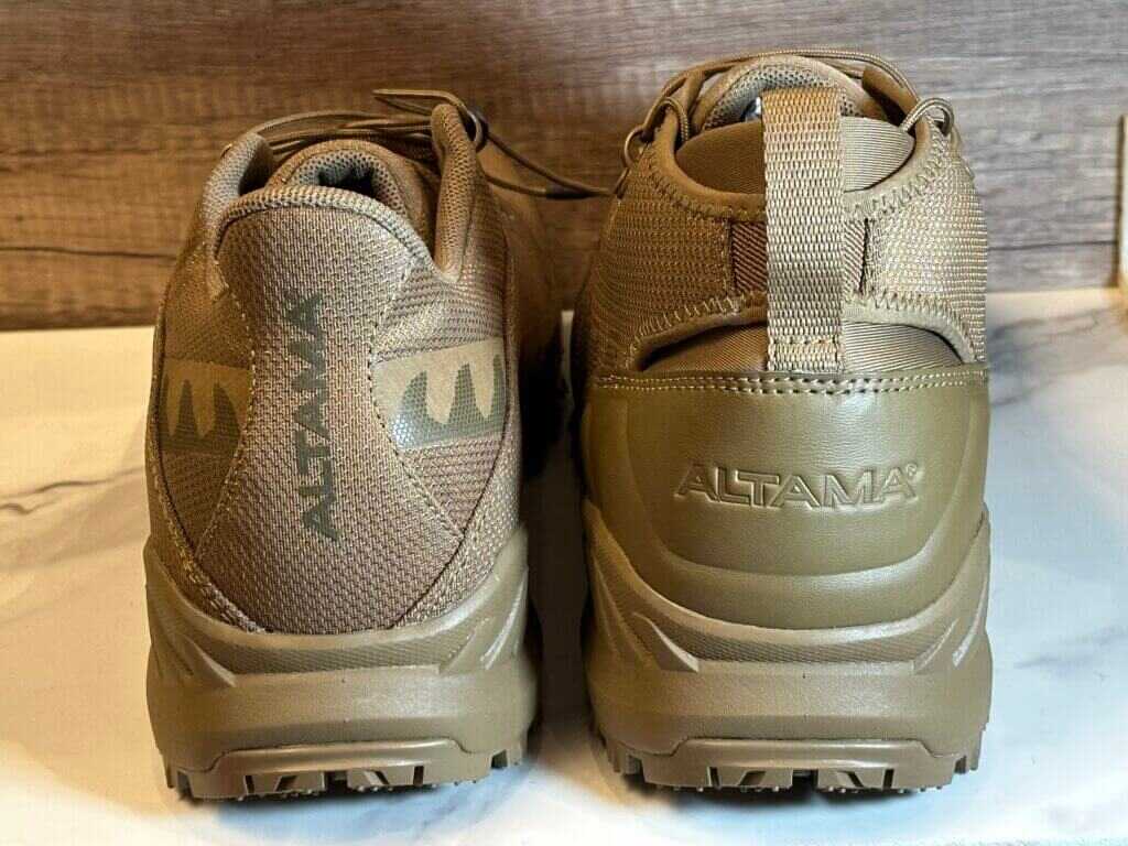 View from the back of two different shoes to exhibit the height difference.