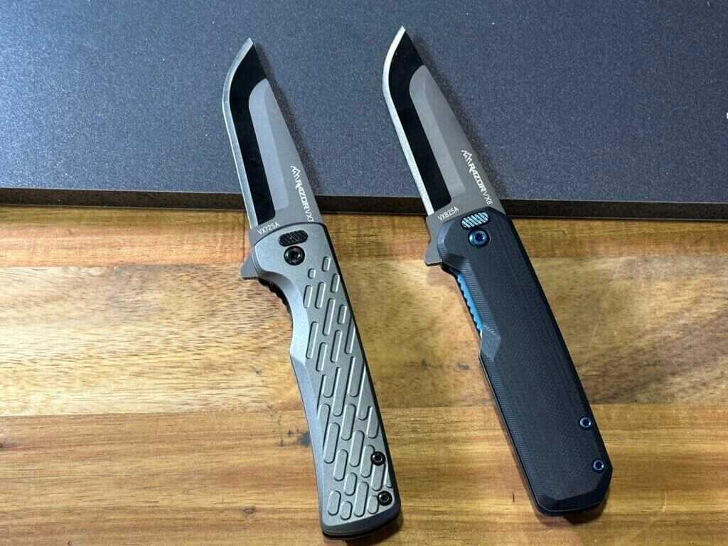 Two opened pocked knives are displayed side-by-side. One has a green handle and the other is black.