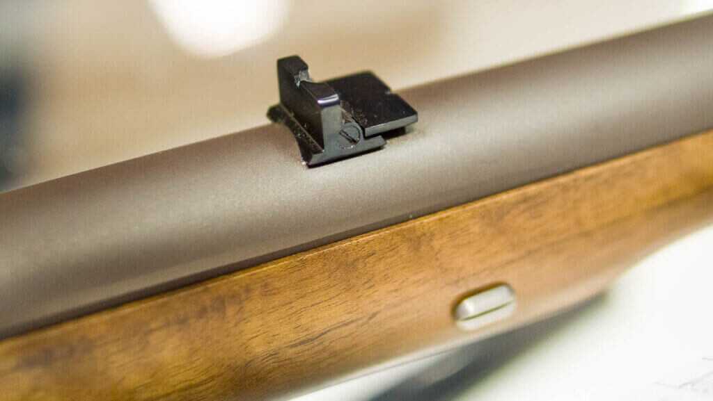 close up view of the rear sight atop the barrel.