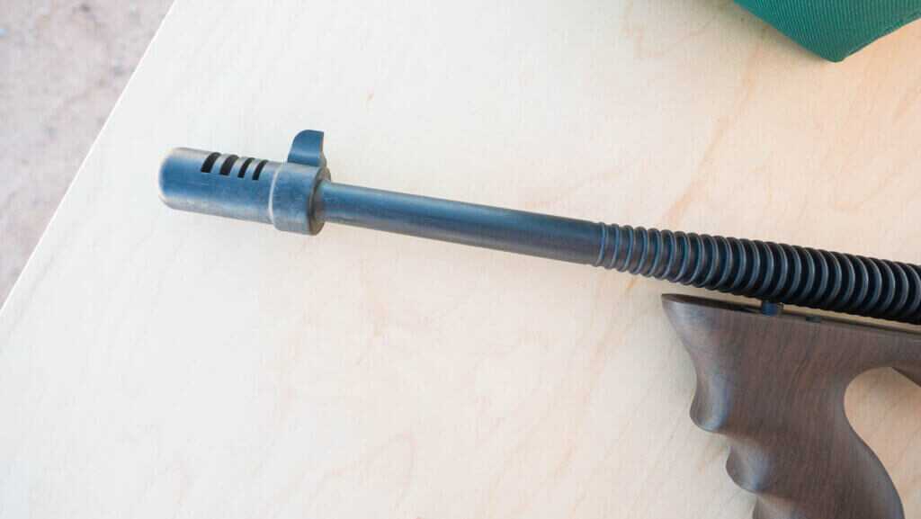 Close up of the barrel with the gun pointing to the left.