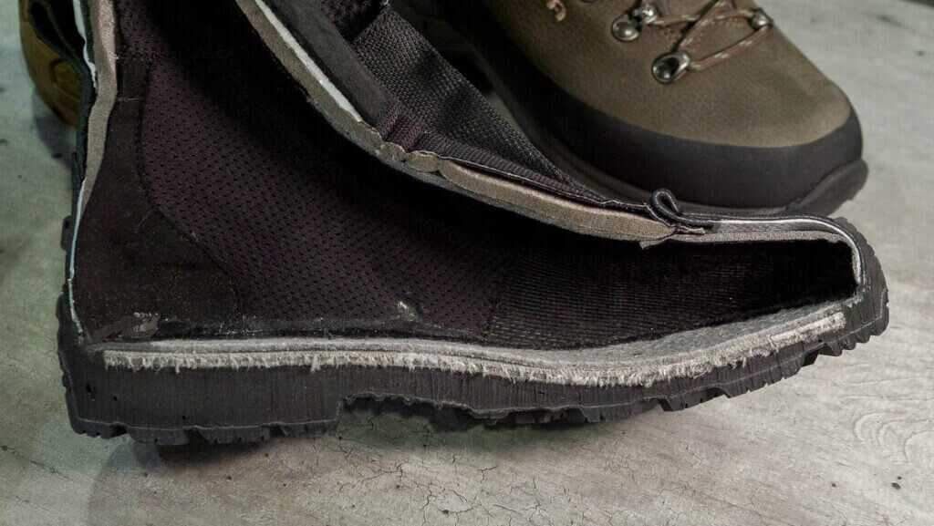 Close up view of a cross seciton of the boot showing the sole layers.