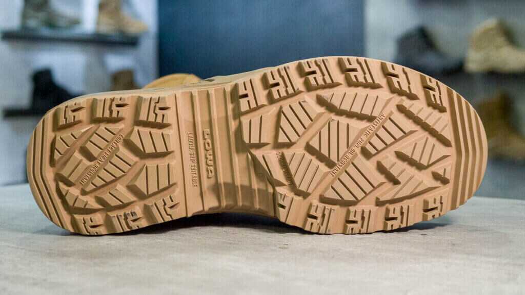 close up of the sole of the boot, the boot is lying on its side showing only the sole.