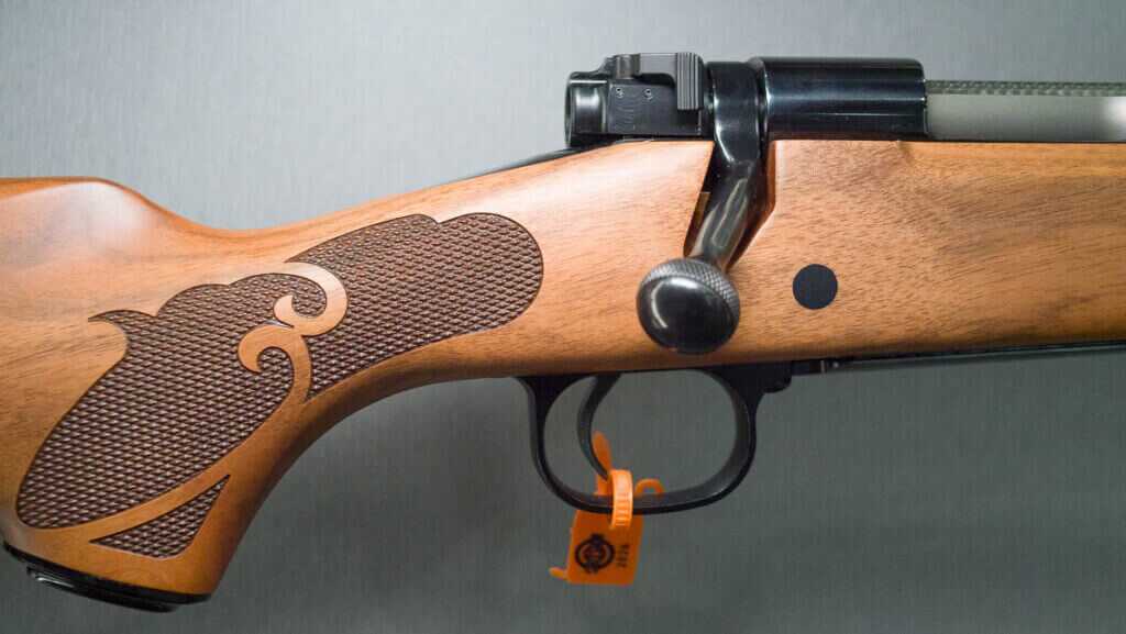 Close up view of the grip, trigger, and back of the action.