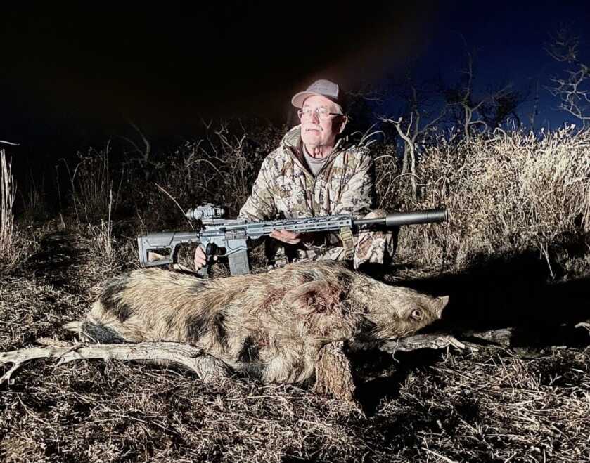Brian McCombie with boar taken at The Tornado stand using Armasight Commander 640 thermal sight in Texas