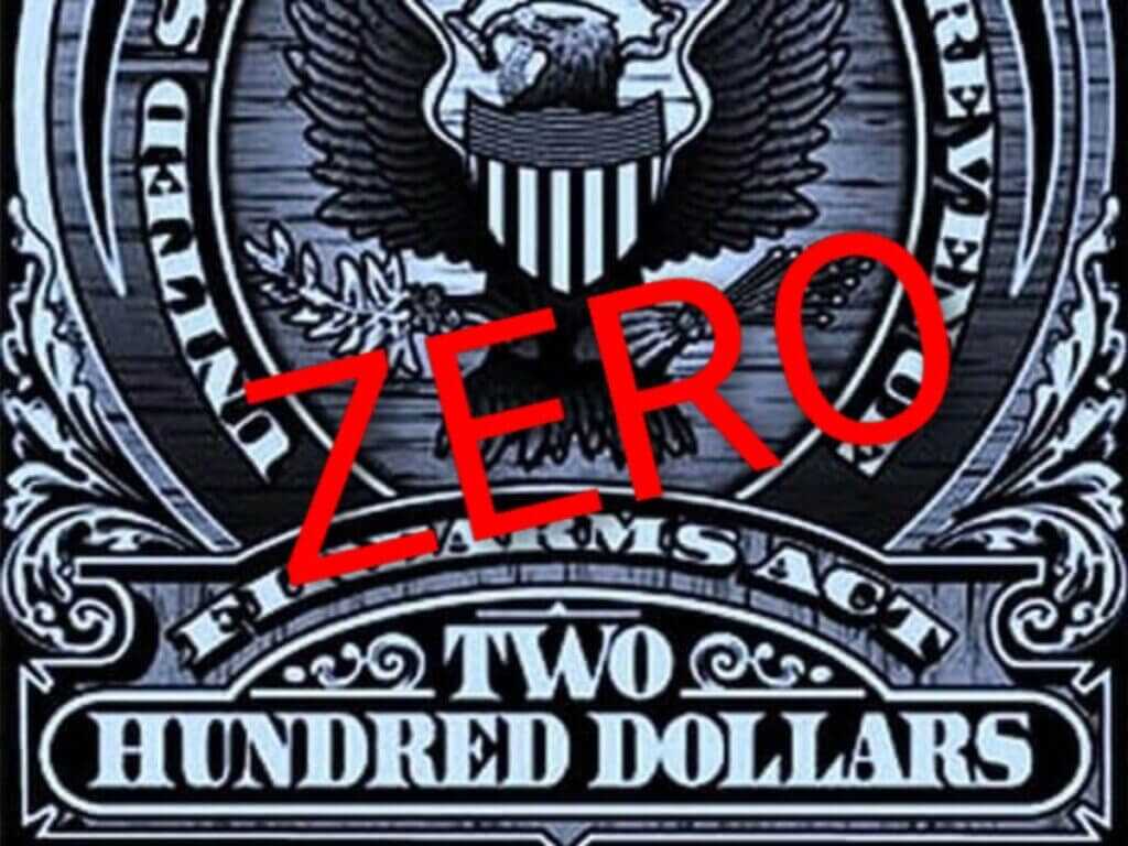 NFA tax stamp graphic showing zero dollar change for suppressors SBRs SBSs and AOWs