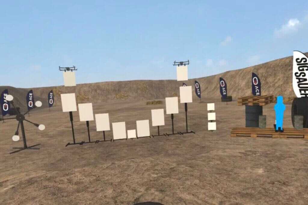 ACE VR app drill selection screen showing variety of pistol fundamentals and stages