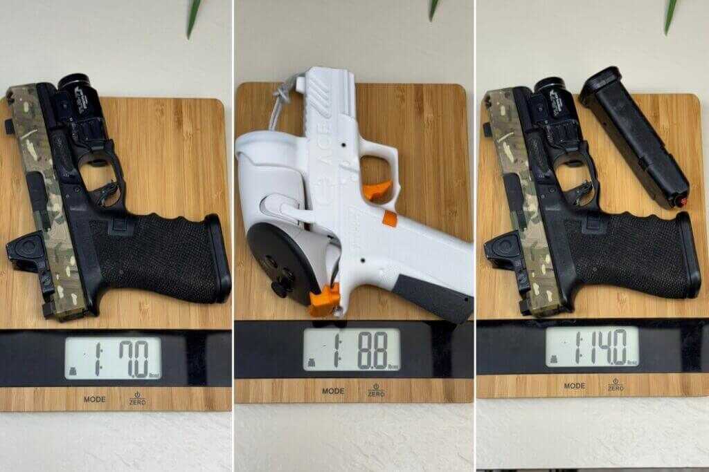 ACE VR MR920 handset on scale compared to EDC pistol weight for training realism