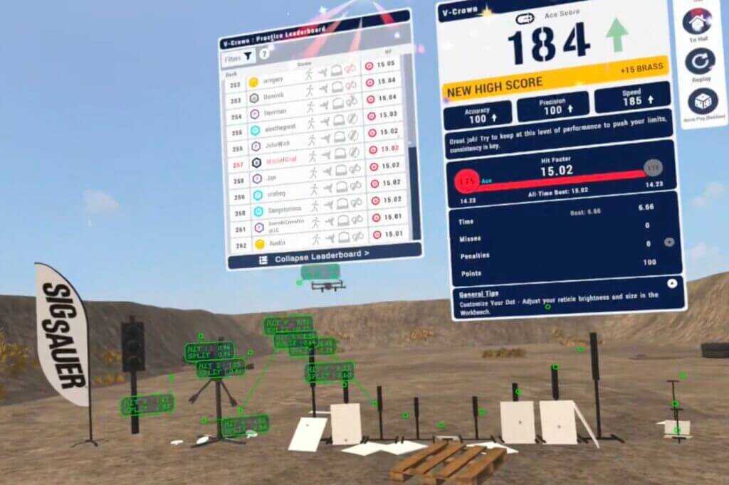 ACE VR match report screen showing total time, hit factor, penalties, and shot times