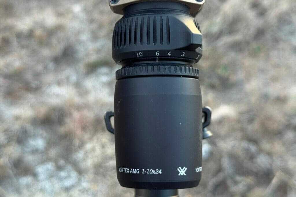 Locking fast-focus diopter ring on Vortex AMG 1-10x24 eyepiece behind magnification adjustment