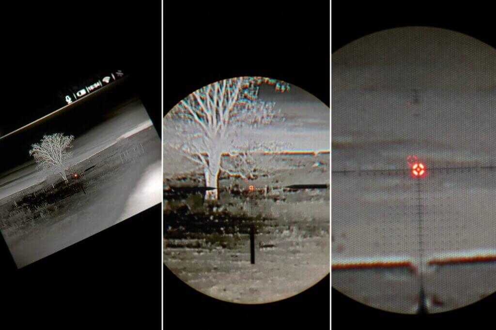 View through Vortex AMG 1-10x24 with iRay RH25 V2 thermal clip-on mounted in front of the optic
