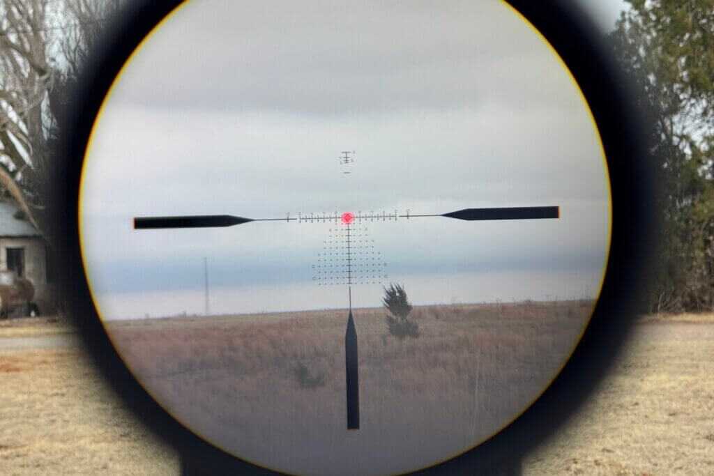 View through Vortex AMG 1-10x24 at around 7X magnification showing clear image and strong edge-to-edge performance